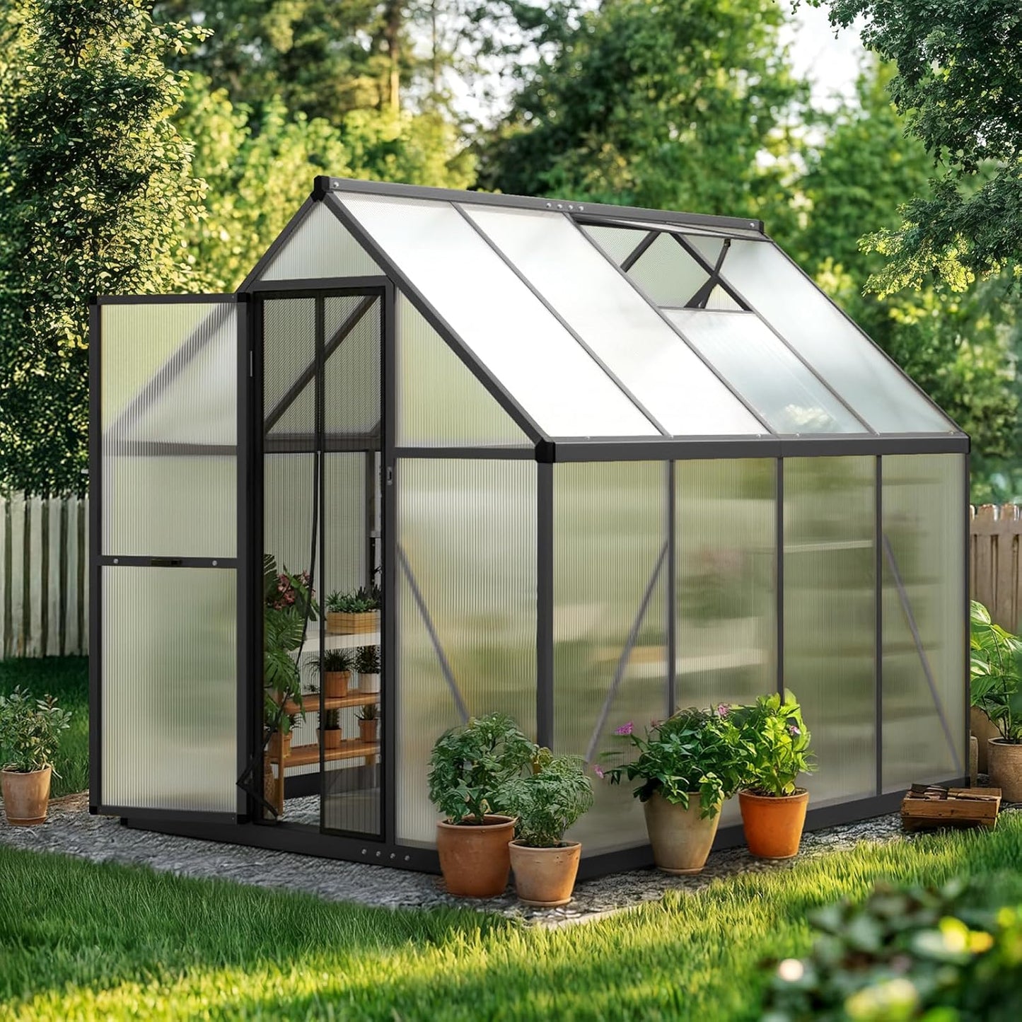 KING BIRD Greenhouse for Outdoors, 7.4x6 FT Polycarbonate Walk-in Green House, Quick-Setup Aluminum Frame UV Resistant Panel for Outside Garden Backyard W/ Lockable Screen Door, Vent, 2 Shelves, Black