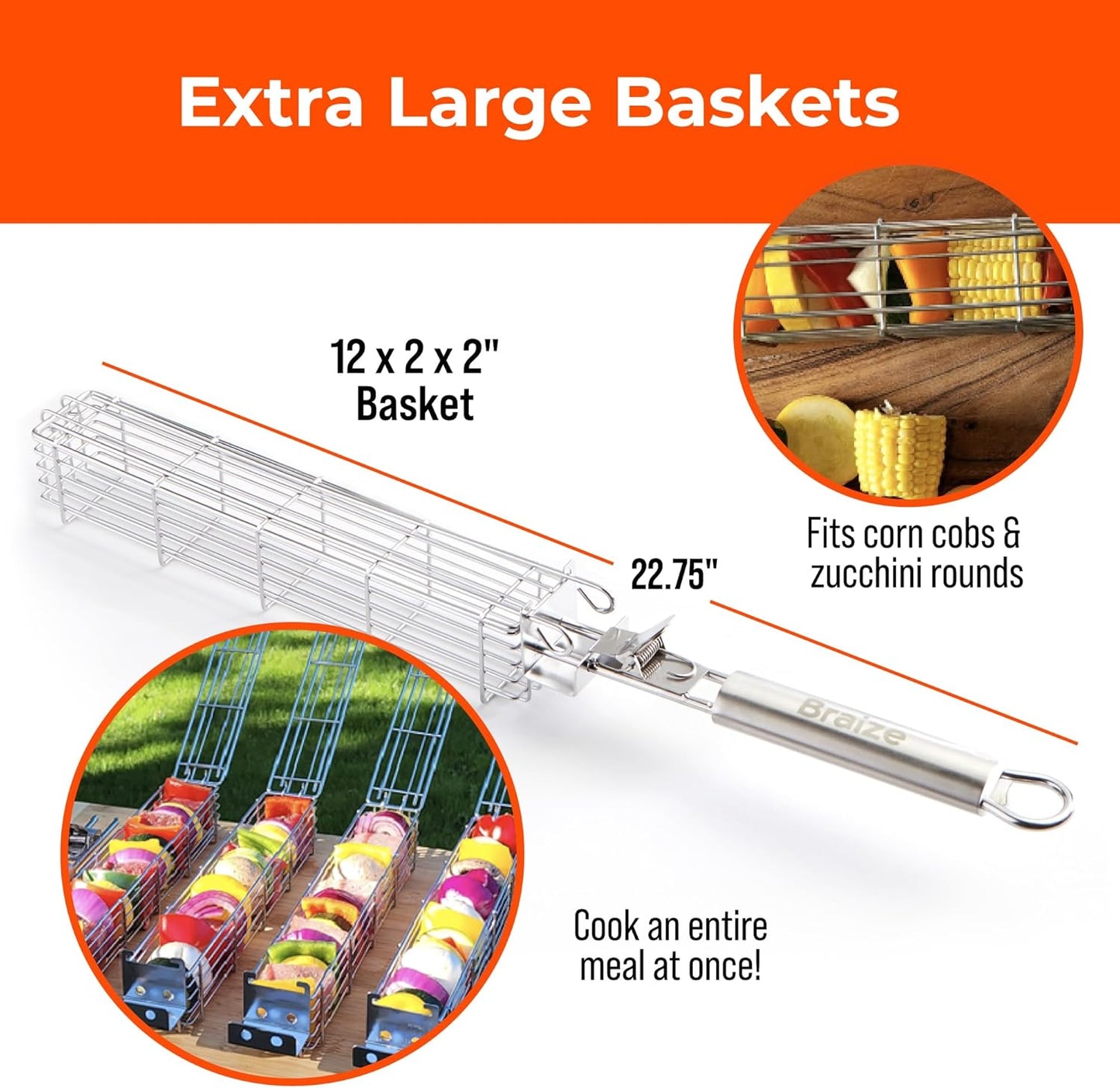 Kabob Grilling Basket Set of 4 with Removable Handle – Stainless Steel Baskets for Grilling Vegetables, Fish & Kabobs – Outdoor BBQ Accessories with Heavy-Duty Scrub Sponge