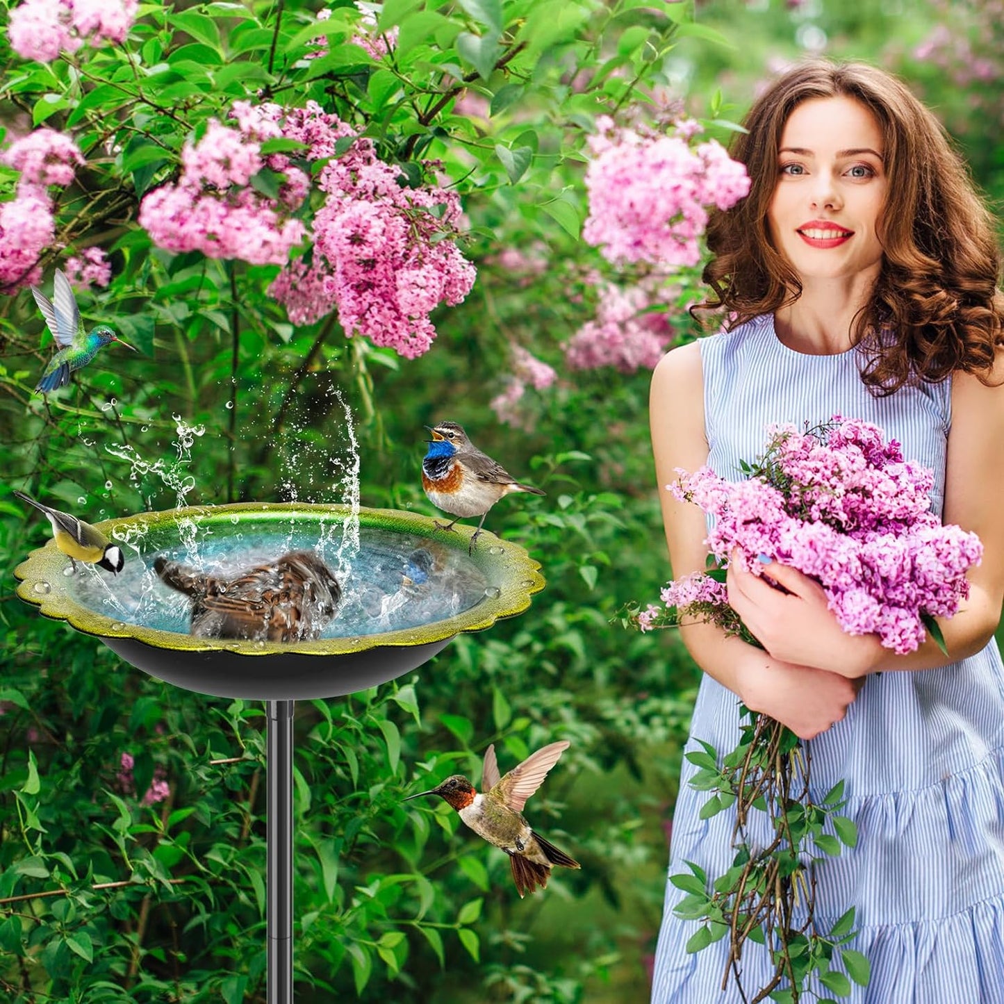 38In Bird Bath for Outside, Metal Birdbath Bowl Decorated Metal with 5 Prong Base Stand Outdoor Bird Baths Bird Feeder Garden Decor Yard Art (Blue-Green)