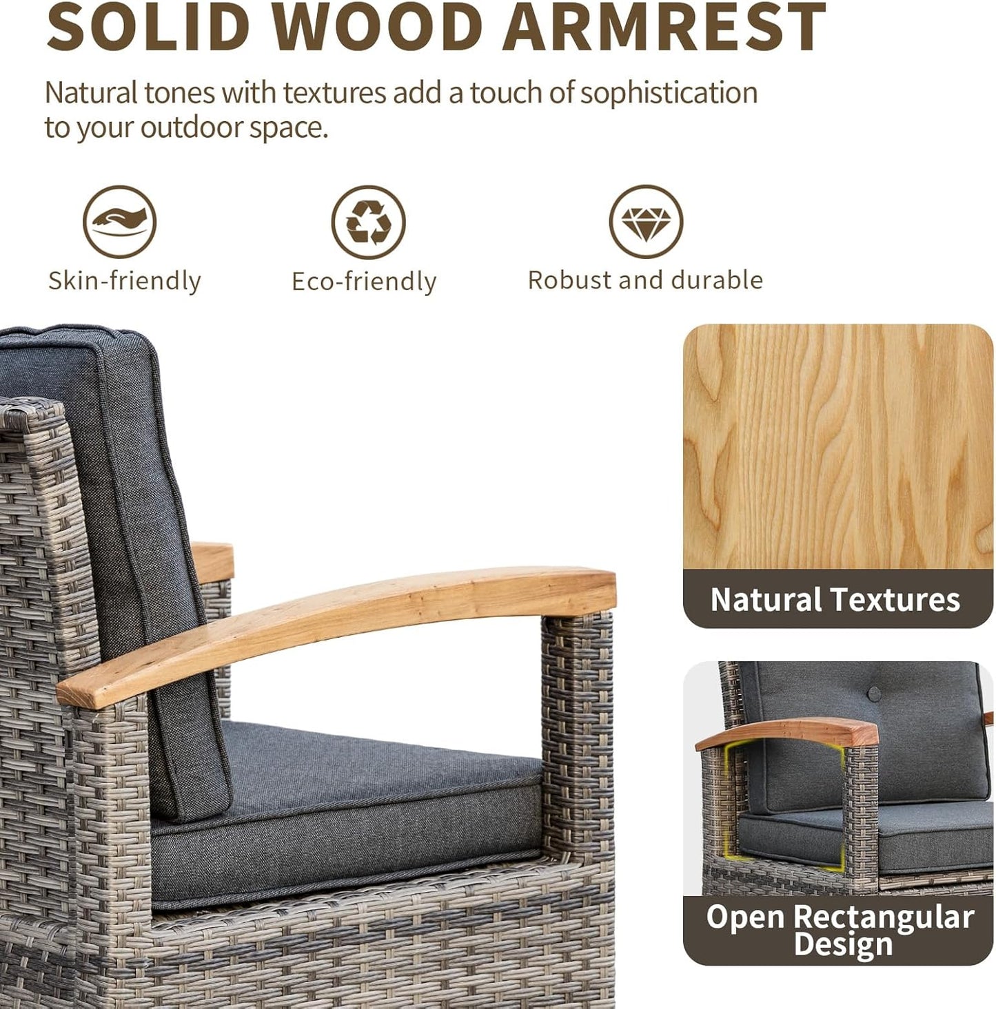 6 Piece Outdoor Patio Furniture Set, Half-Moon Curved Sectional Set with Wood Armrests, Patio Conversation Set, Tempered Glass Coffee & Side Tables (Grey)