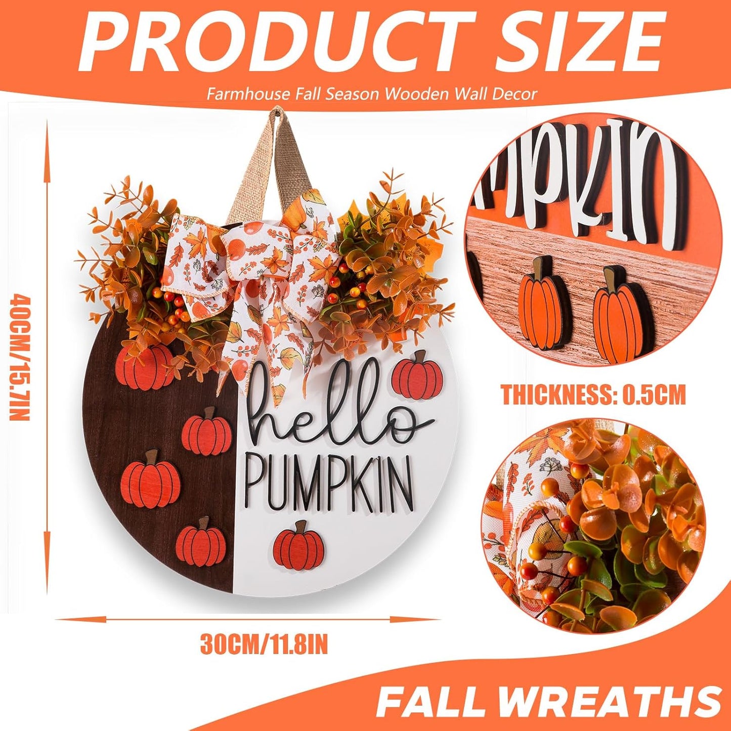 3D Hello Pumpkin Wooden Sign, Fall Outdoor Wreath for Front Door with Bow & Wreath | Fall Autumn Harvest Farmhouse Hanging Decor | Indoor Outdoor Porch, Wall, Home Decor