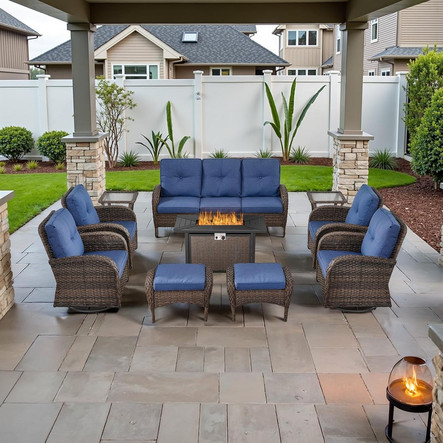 Expansive 10 Pieces Outdoor Patio Furniture Set with 43” Propane Fire Pit Table, Patio Conversation Set with Swivel Rocker Outdoor Chairs Set of 4 and Sofa, Ottoman and Wicker Side Table Brown