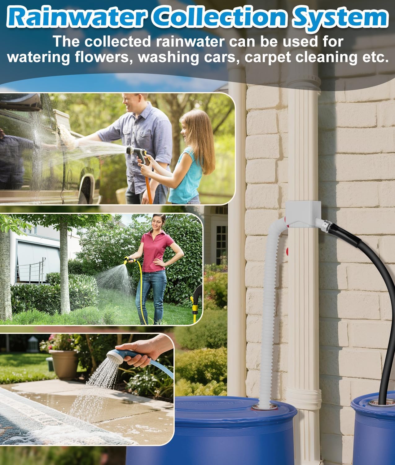 Downspout Diverter, WADEO Rain Barrel Diverter Fits for 2"x 3" Standard Downspout, Rainwater Collection System with Two Water Outlets to Collect Rainwater from Gutter, with 5FT Hose