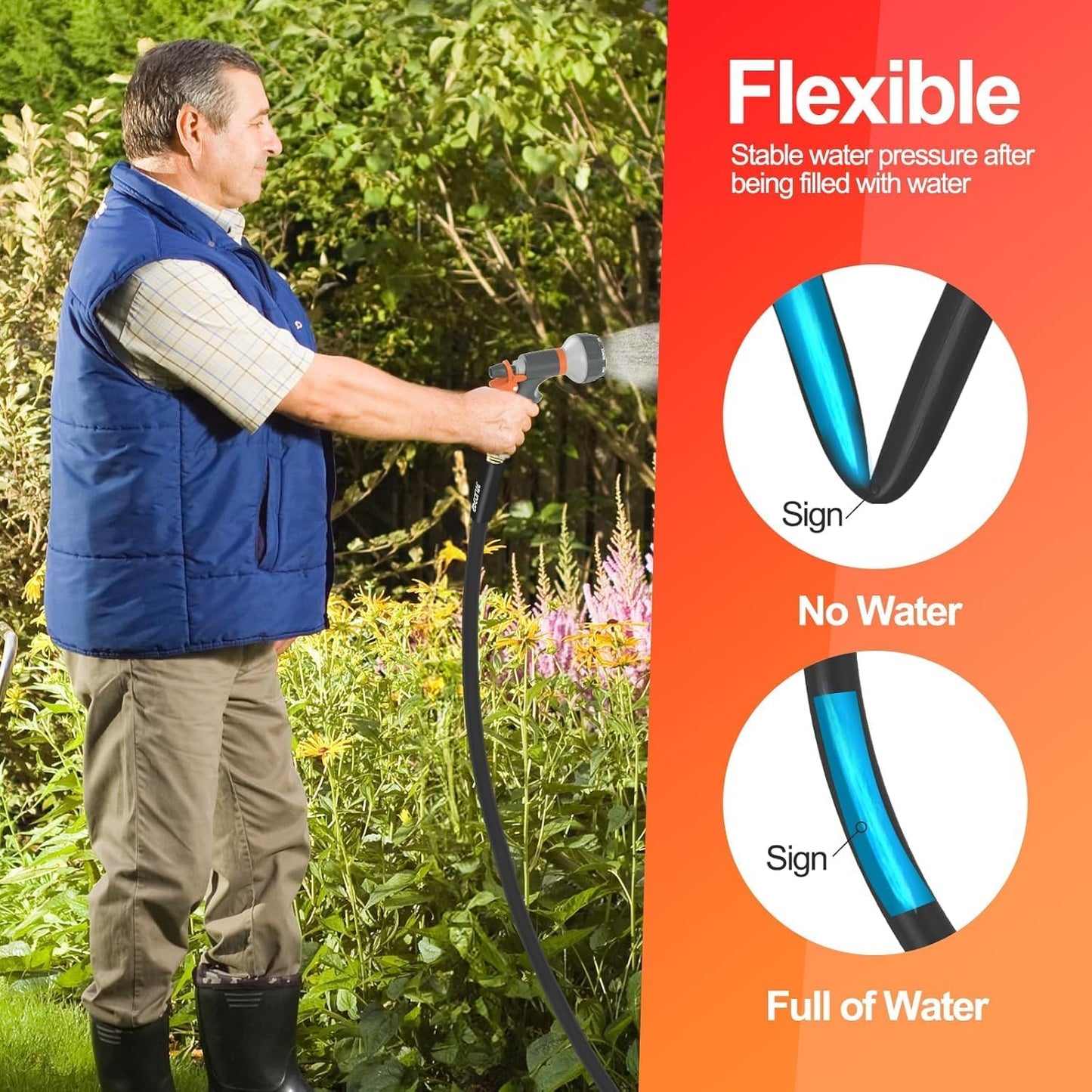 Garden Water Hose 50 ft x 3/4 in Heavy Duty, Flexible and Lightweight, Burst 600 psi, Kink-less Hybrid Rubber Pipe for Backyard, 3/4'' Brass Fittings, Black