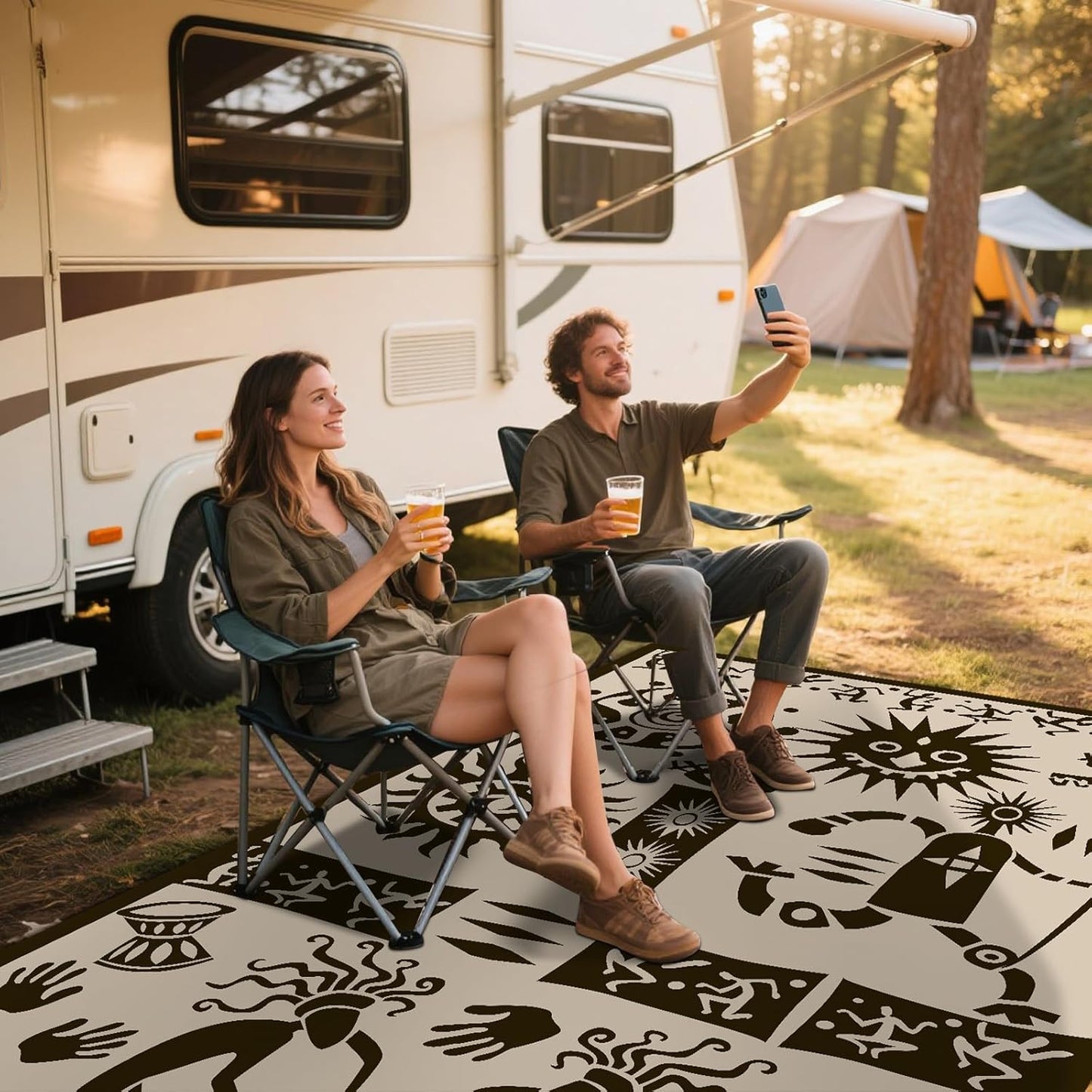 WILDROOTS 5x8 Feet Plastic Tribal Outdoor Rug, Stain Resistant Waterproof Reversible Outdoor Patio Rug, Fade Resistant Camping Rug (Ivory Beige)