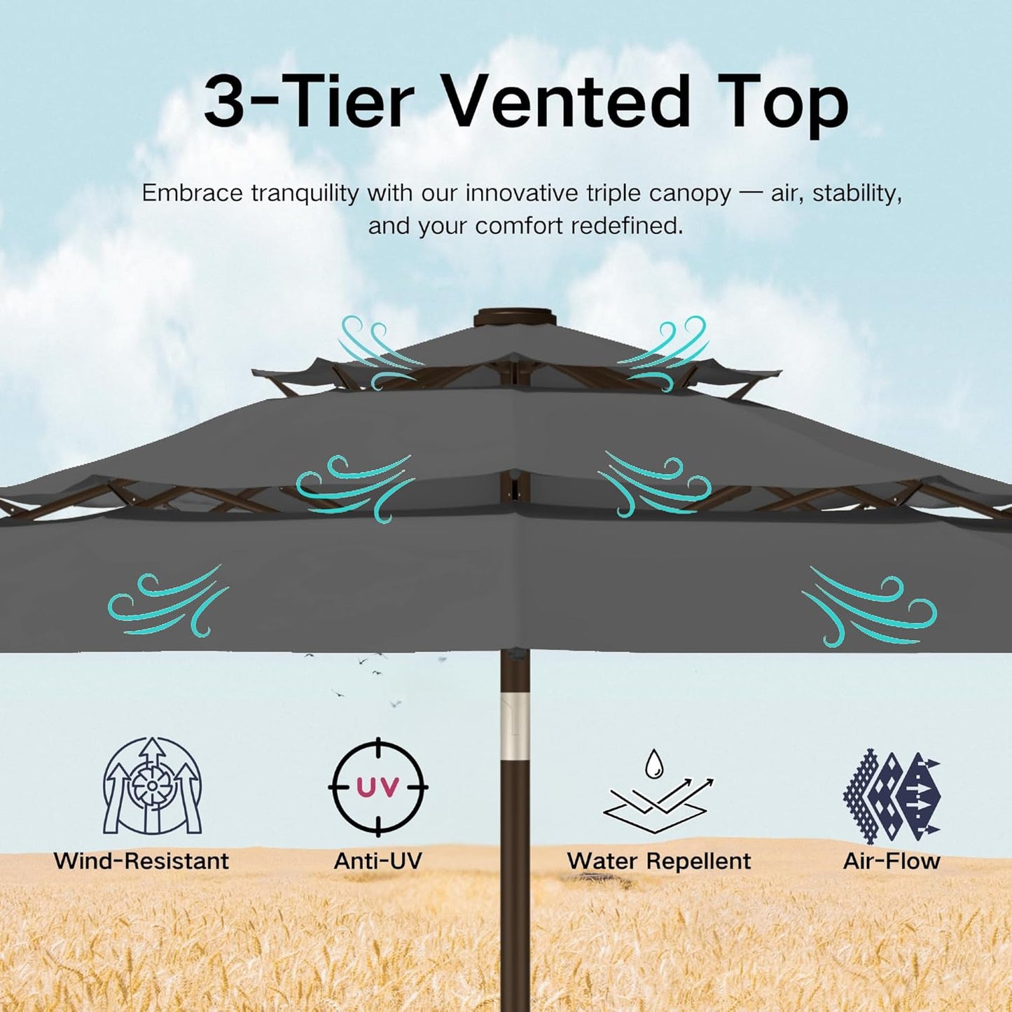 Kingdura 9ft 3-Tier Patio Umbrella with Solar Lights, Table Umbrella Outdoor Patio with Easy Crank & Tilt, 8 Sturdy Ribs, UV Protection, 32 LED Lights for Deck, Poolside, Market (Grey)