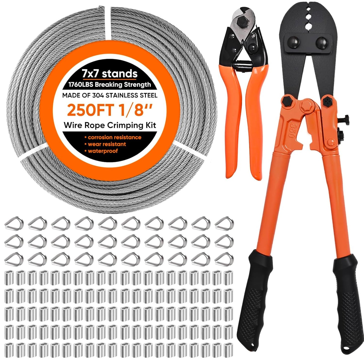 250FT 1/8" Stainless Steel Cable with Wire Rope Crimping Tool and Cable Cutter, 1760 lbs Breaking Strength, 7x7 Strands Aircraft Cable for Deck Railing, Porch Fence, String Light