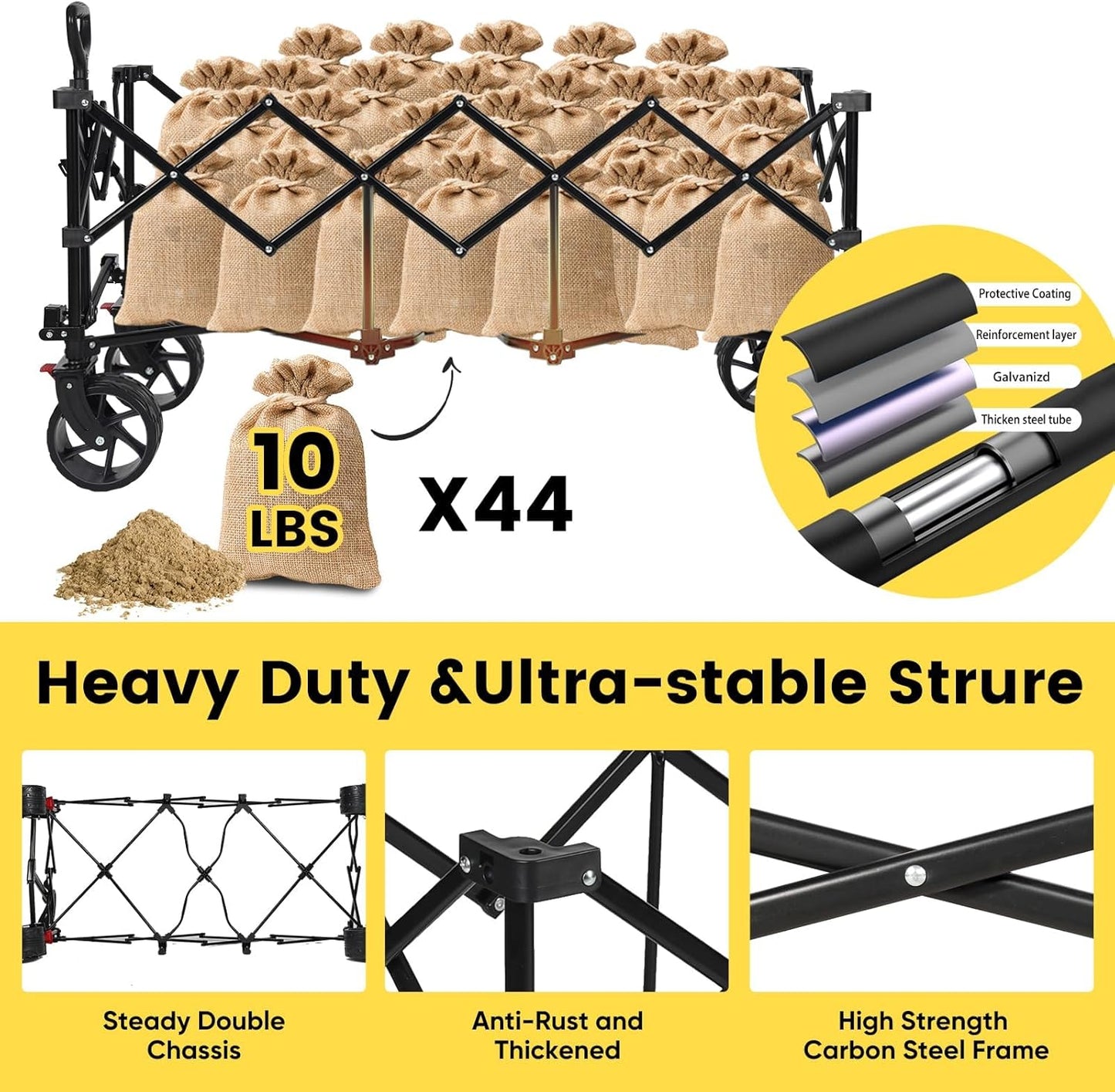 Sekey 48''L Collapsible Foldable Extended Wagon with 440lbs Weight Capacity, Heavy Duty 300L Folding Utility Garden Cart with Big All-Terrain Beach Wheels & Drink Holders. Khaki