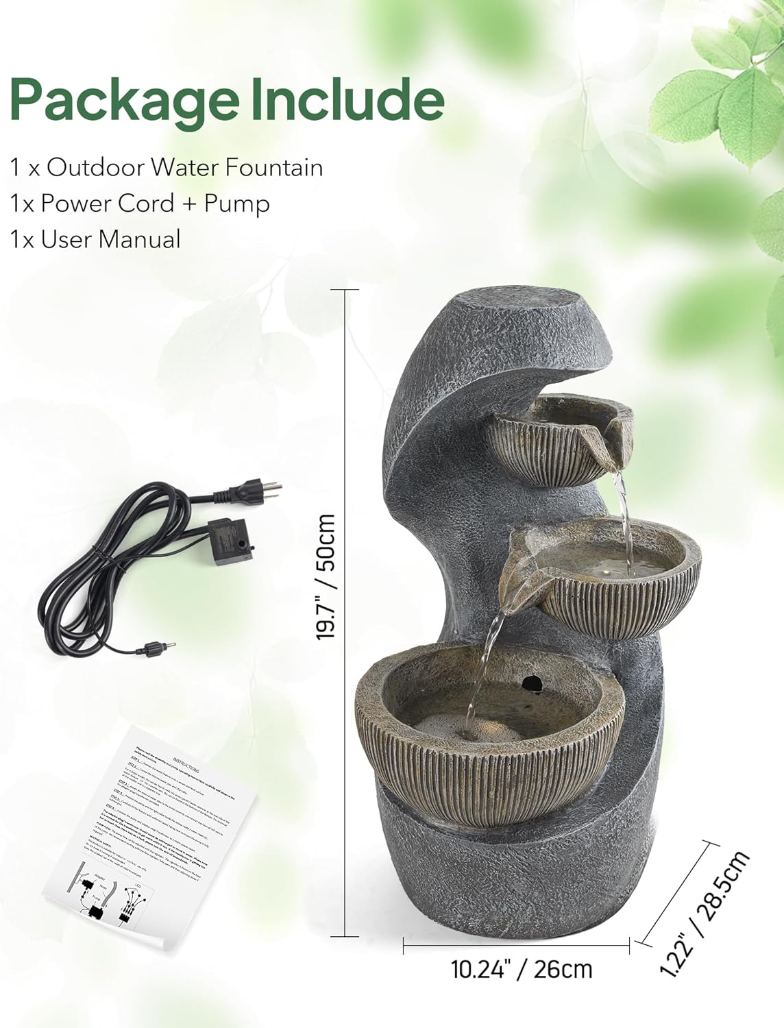 20" H Outdoor Water Fountain, Modern Outdoor Garden Fountains with LED Lighted for Garden, Patio, Deck, Backyard and Home Art Decor