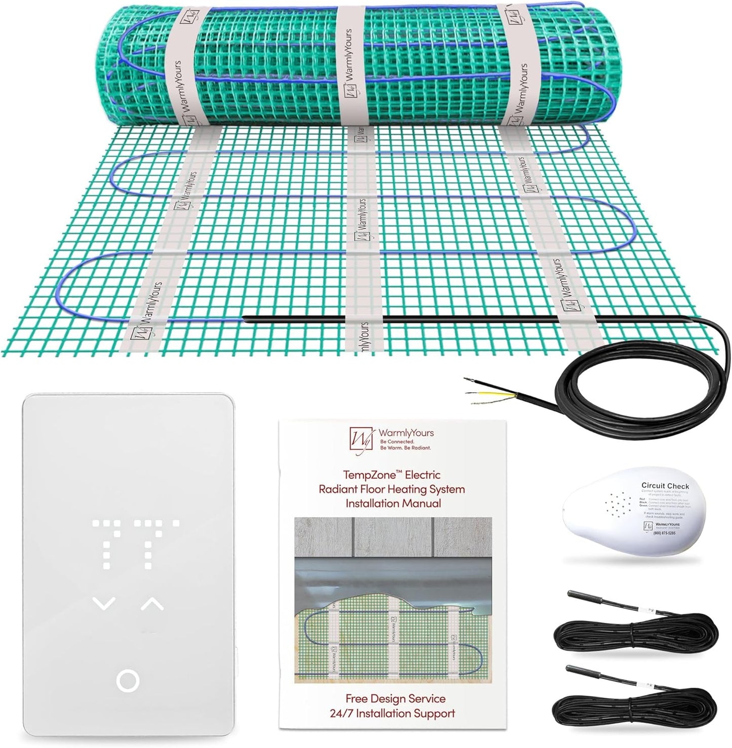 90 Sqft Heated Floor Mat Kit with Radiant Floor Heating System Thermostat UTN5, Two Sensors, Tester, 120V Electric Radiant Floor Heating Mat installs under Bathroom Tile, Vinyl - WarmlyYours TempZone