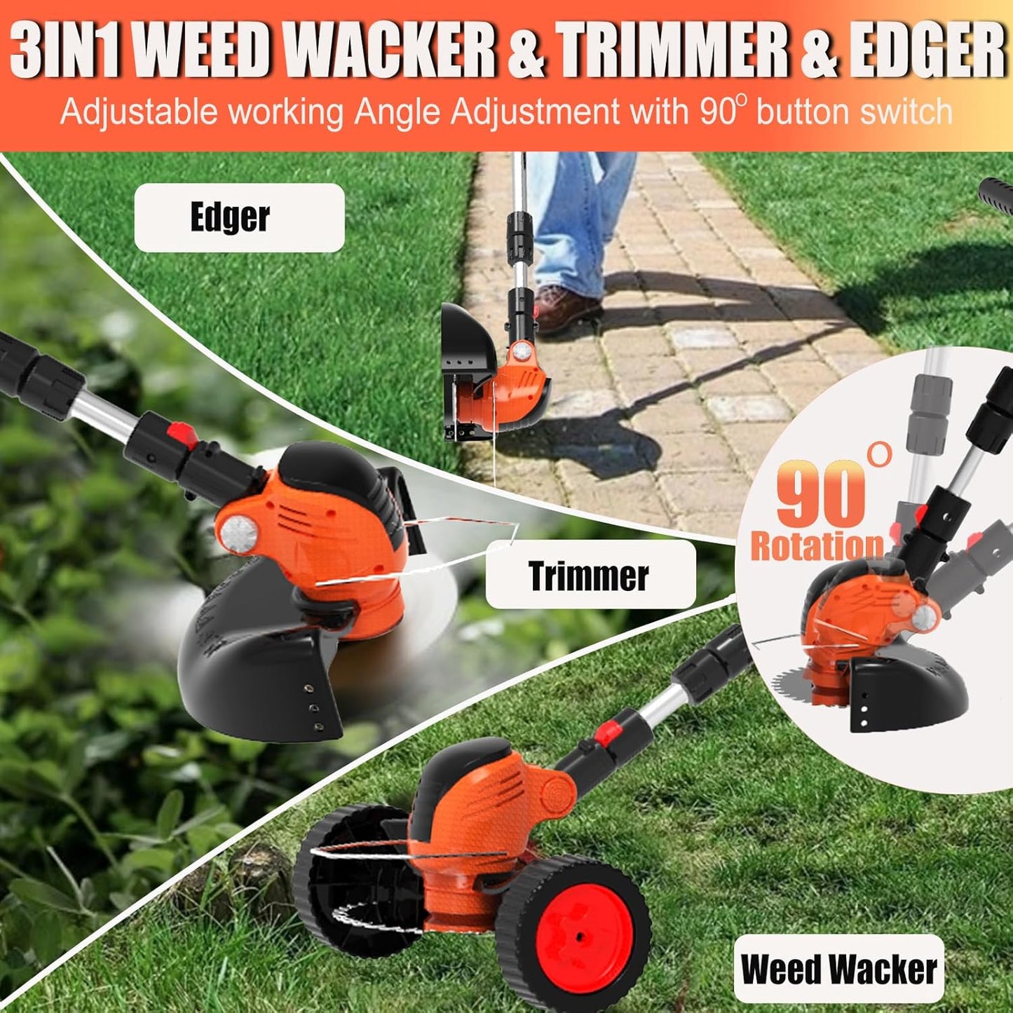 Electric Weed Wacker Eater Cordless Battery Powered, Weed Trimmer 4.0Ah Lightweight No-String with 2 Battery Operated & Wheels, 3 in 1 Stringless Grass Trimmer/Edger/Brush Cutter for Garden Yard Lawn