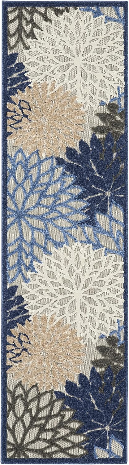 Nourison Aloha Indoor/Outdoor Blue/Multicolor 2'3" x 10' Area Rug, Tropical, Botanical, Easy Cleaning, Non Shedding, Bed Room, Living Room, Dining Room, Deck, Backyard, Patio (2x10)