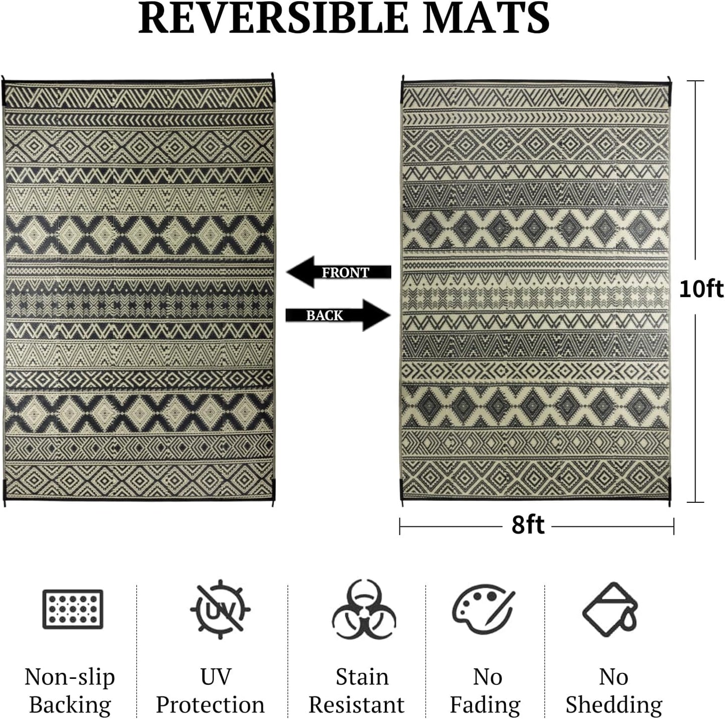 8'x10' Plastic Outdoor Rug - Plastic Straw Rug-Heavy-Duty Waterproof Mat, UV & Fade Resistant for Patio, Camping, RV, Deck, Balcony(8x10,Black&Beige)