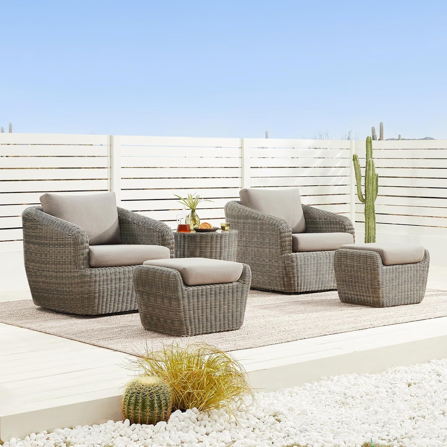 CHITA 5 Pieces Patio Wicker Furniture Set, Outdoor Rattan Bistro Set with Removable Thickened Cushions, Fully Assembled(Gray Cushions with Brownish Gray Wicker)