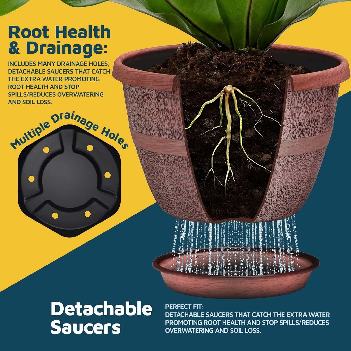 10-Inch Whiskey Barrel Planters Outdoor Pack of 5 - Durable Plastic Plant Pots for Indoor & Outdoor Use with Drainage & Saucer, Lightweight Rustic Barrel Planters for Flowers, Herbs & Small Plants