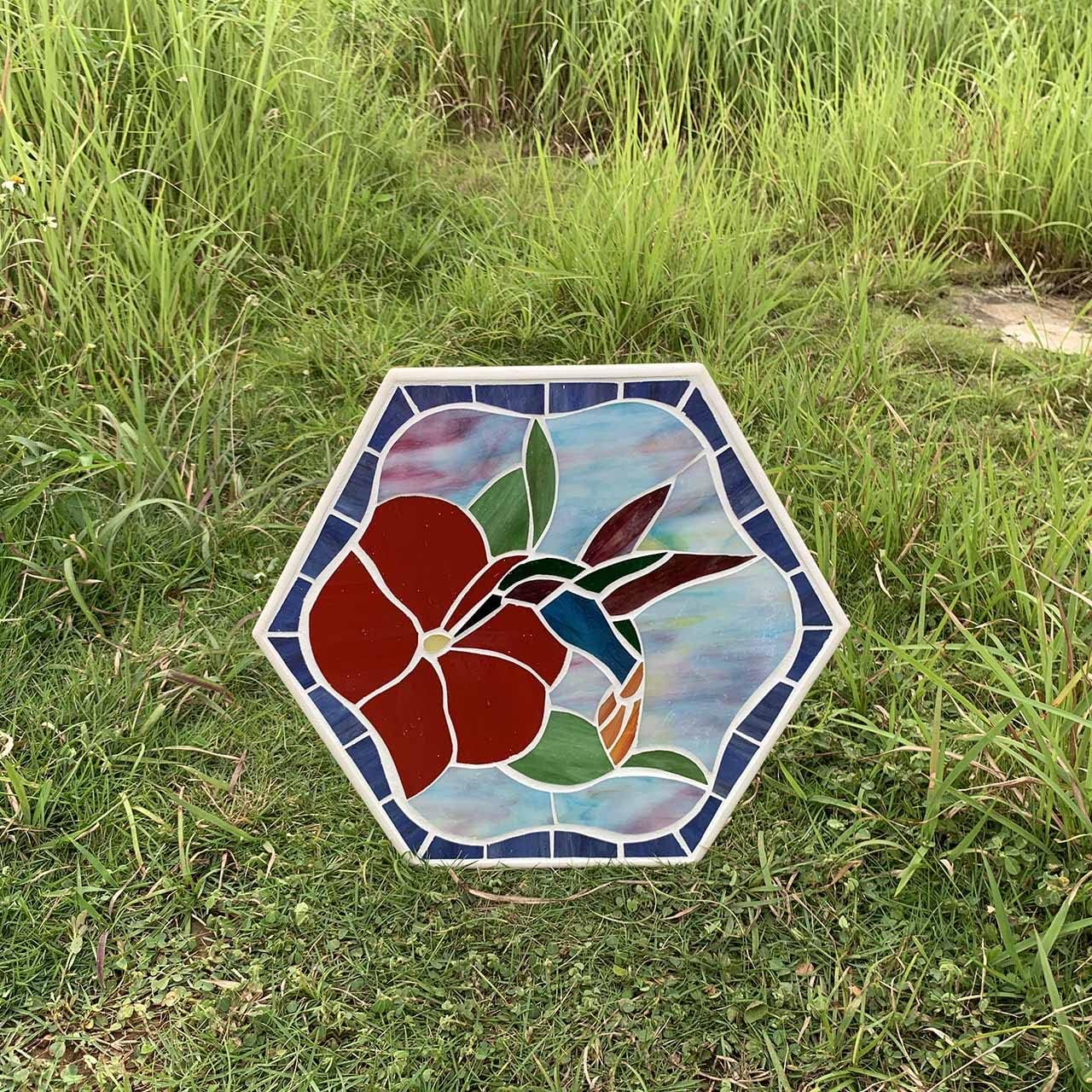 Bieye MSS003 Tiffany Style Stained Glass Mosaic Decorative Stepping Stone for Garden Decor (13" Hexagonal, Hummingbird)