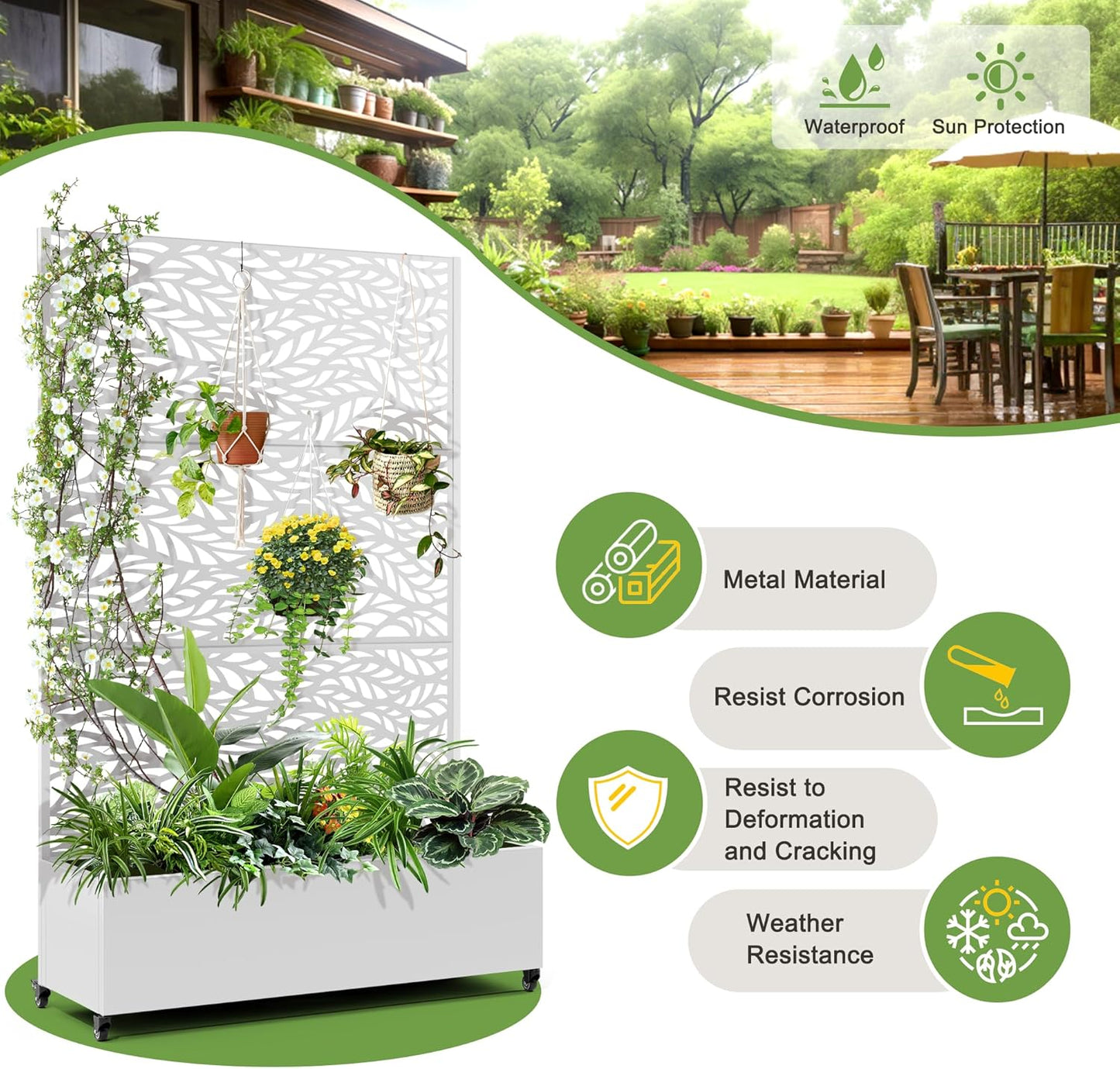 FENCY Metal Raised Garden Bed with Wheels and Trellis,73"x47"x16" Planter Box for Climbing Plants, Vegetables & Vines, Features Privacy Screen and Drainage Holes (White-Leaf)