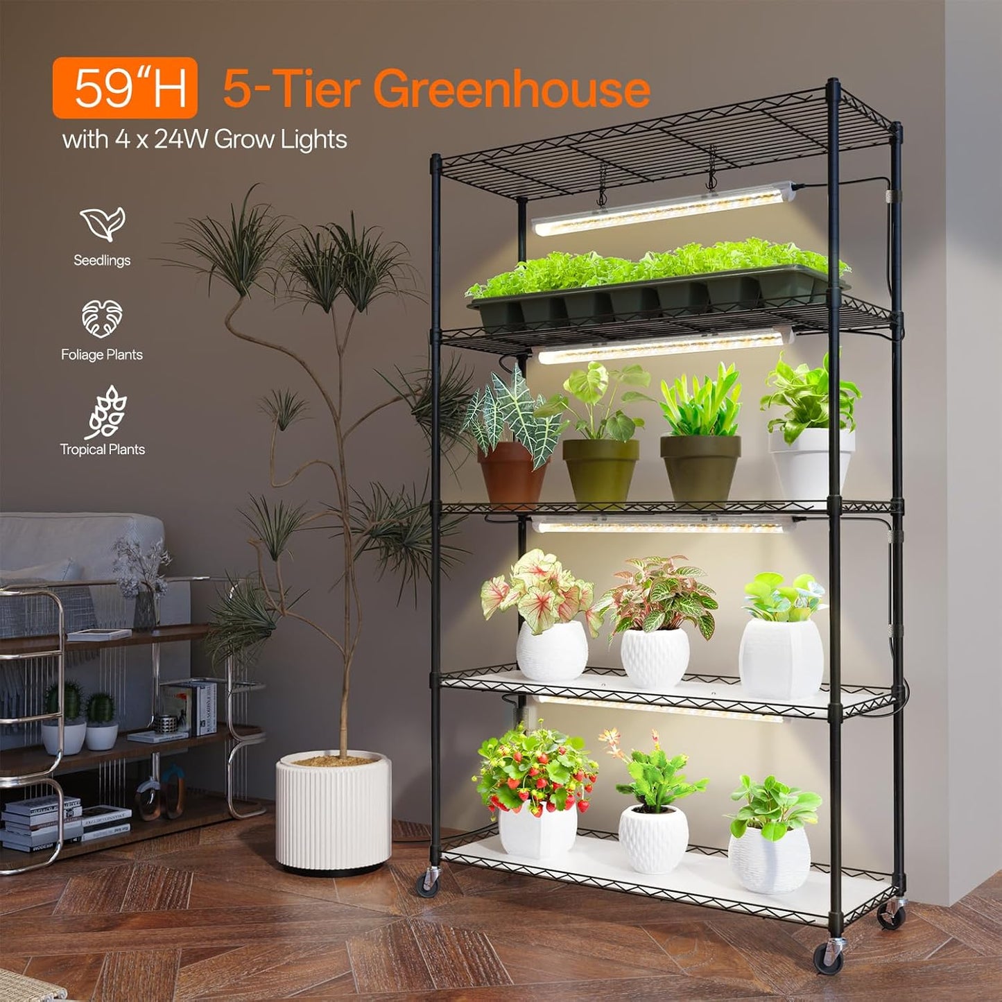 Plant Shelf with Grow Light with Timer, Metal Plant Stand with Adjustable Rack and Wheels, 4 Pack 24W Full Spectrum Grow Light Strip for Indoor Plants, Seed Starting, 35.4"x13.8"x59"