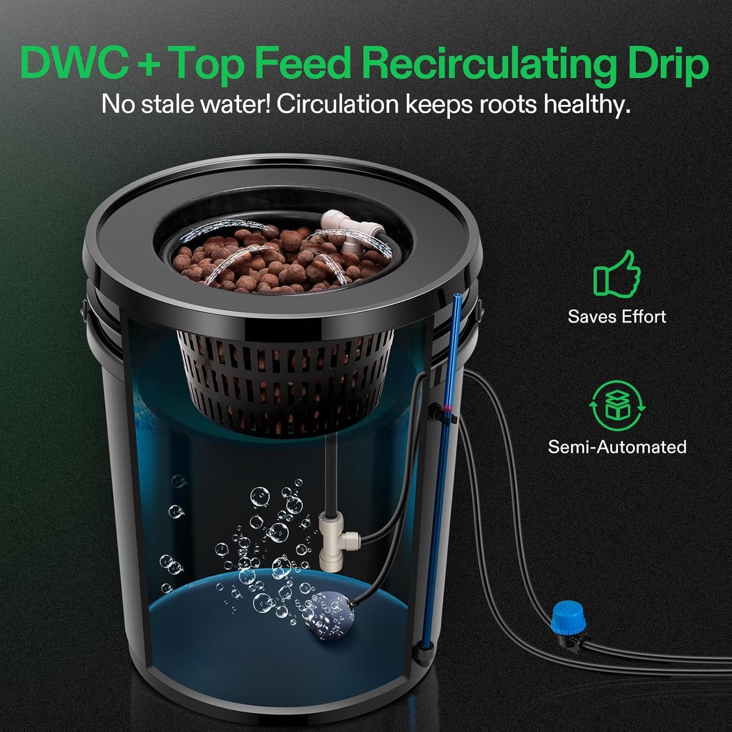 VIVOSUN DWC Hydroponics Grow System with Top Drip Kit, 5-Gallon Deep Water Culture, Recirculating Drip Garden System with Multi-Purpose Air Hose, Air Pump, and Air Stone (4 Buckets + Top Drip Kit)
