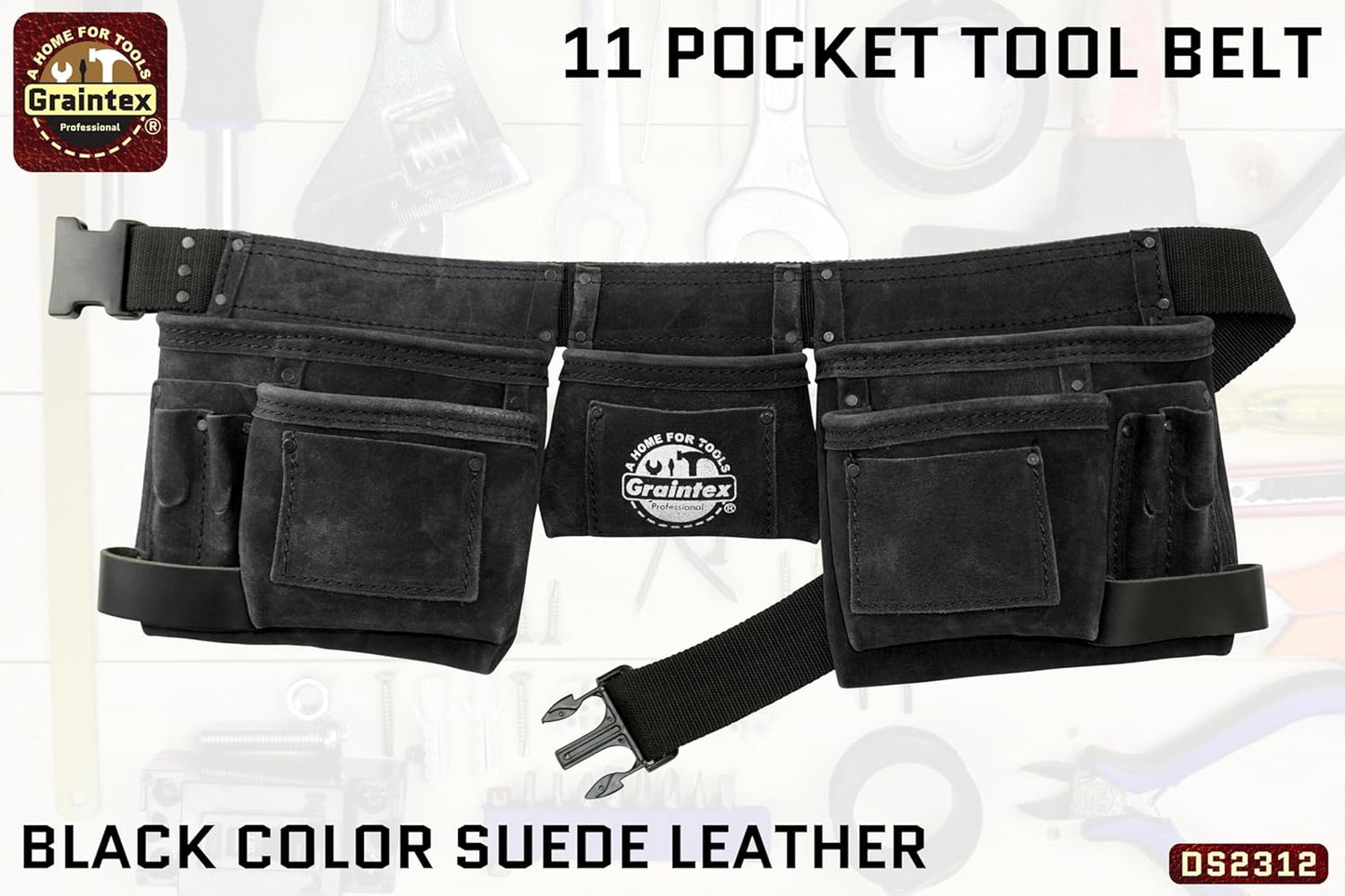 Graintex DS2312 11 Pocket Black Color Suede Leather Tool Belt/Tool Bag/Work Apron, 2 Hammer Loops, Adjustable Belt | Construction, Carpenter, Roofing, Drywall, Electrician, Gardening, DIY