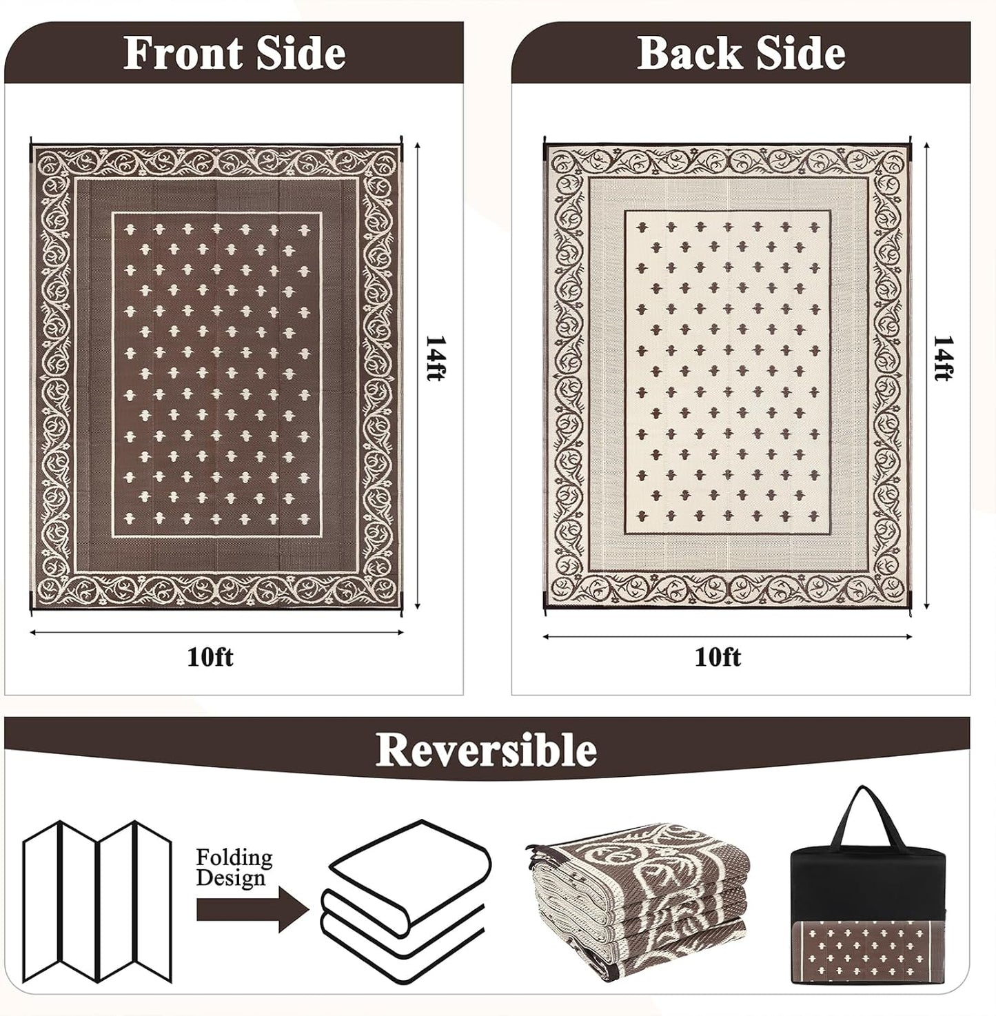 Pauwer Waterproof Outdoor Rug 10x14, Reversible Plastic Straw Patio Camping Rug, Indoor Outdoor RV Mat Carpet for Deck, Camper, Porch, Balcony, Backyard, Picnic, Bordered Brown