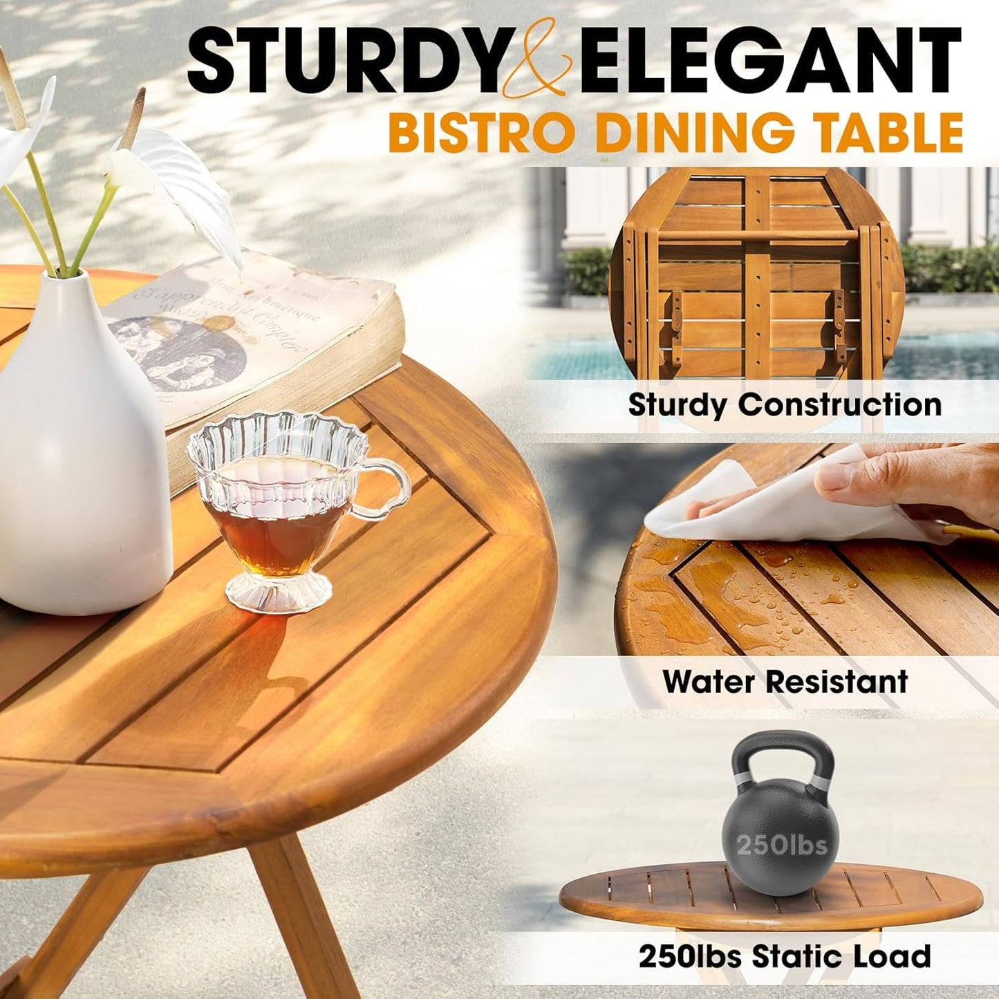 IDZO Wood Rope Design Heavy Duty 400lbs Capacity Patio Bistro Set 3 Piece Outdoor, Grey