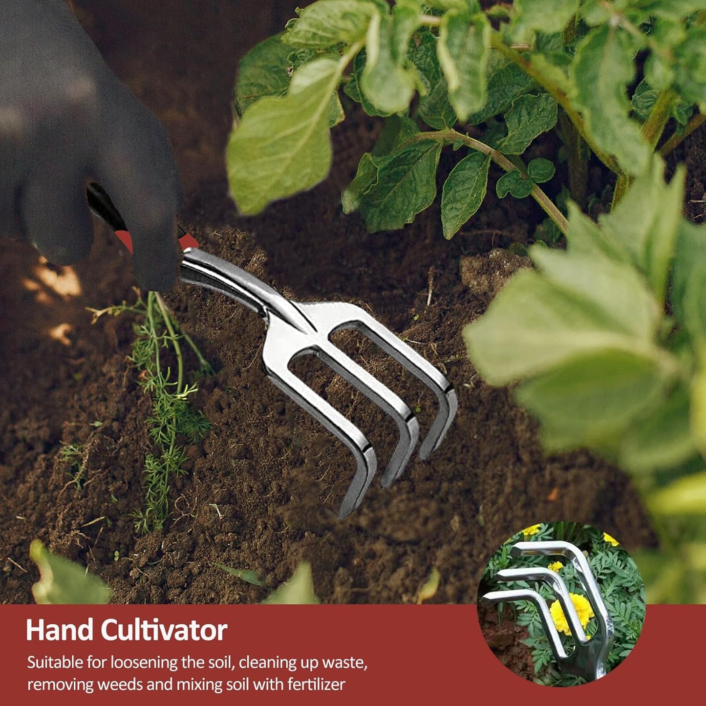 Garden Tool Set, 3 Piece Gardening Tools Includes Garden Trowel, Transplant Trowel and Hand Rake with Non-Slip Ergonomic Handle, Heavy Duty Garden Kit for Planting, Garden Gifts Red