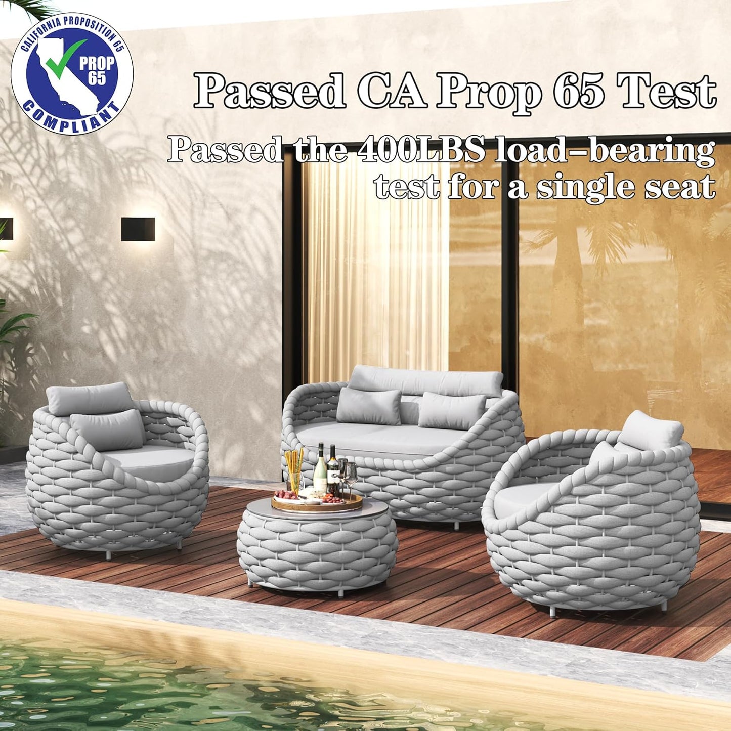 5 Pieces Patio Furniture Set, Outdoor Rope Conversation Sectional Patio Sofa with 5 Seater for Backyard, Porch, Modern Armchairs with Thickness Cushions and Side Table, Light Grey