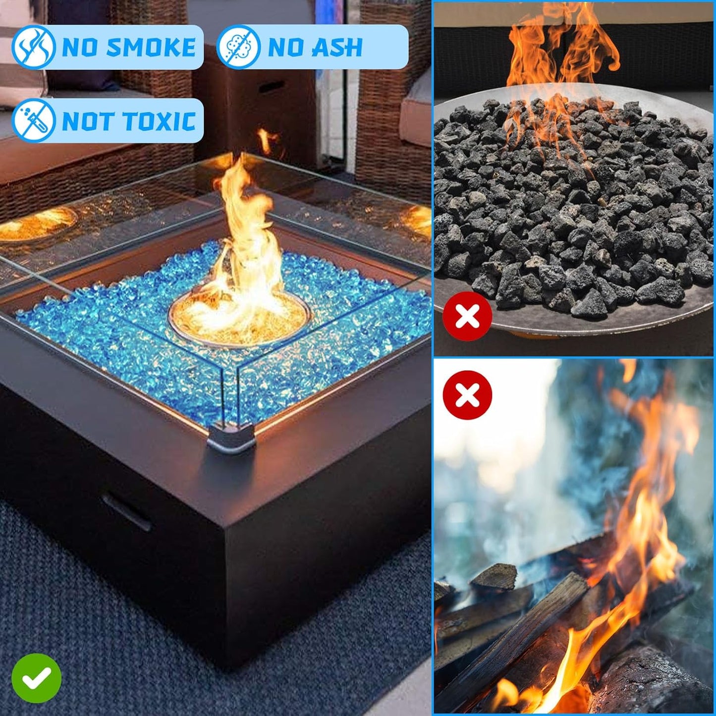 Caribbean Blue Firepit Glass Rocks 20 Pounds, 1 Inch Diamond Fire Stones for Propane Fire Pit, Fireplace and Outdoor Decorative, High Luster Glass Beads