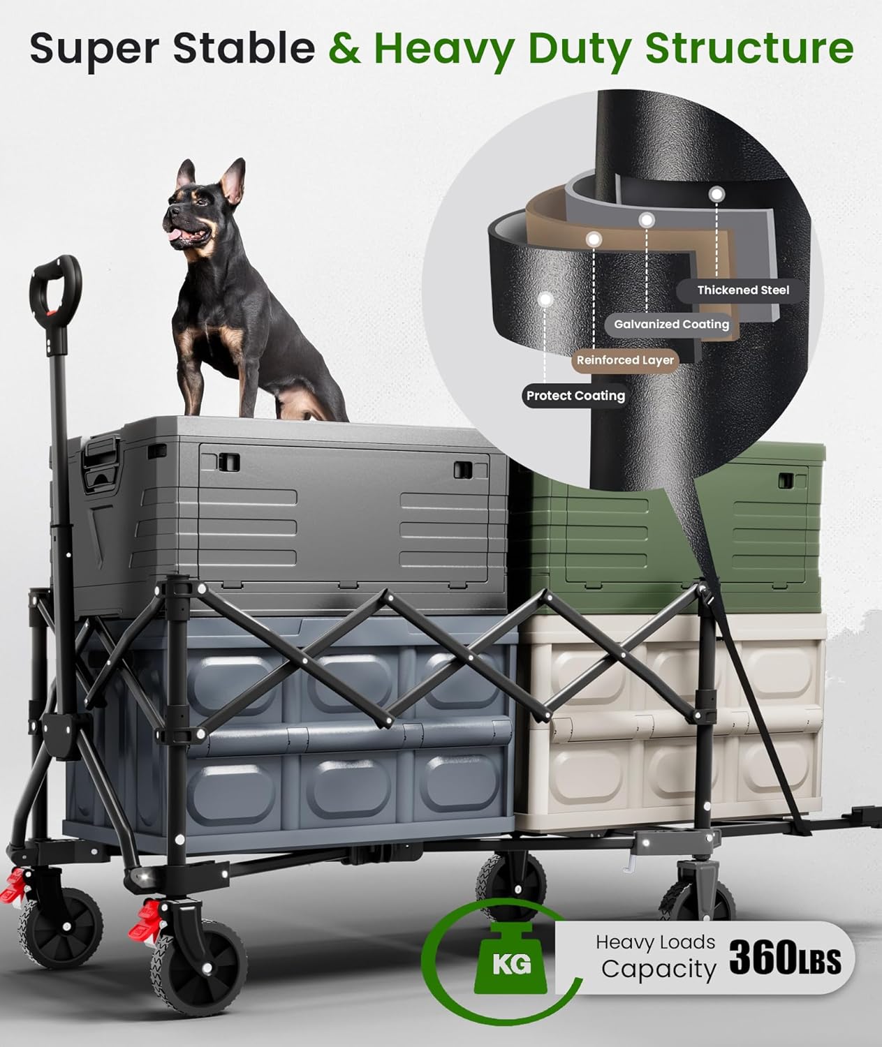 Extra Large Foldable Wagons Extended, 250L Collapsible Wagon with Tailgate, 49”L Folding Wagons with Brakes, Grocery Wagon, Utility Cart for Sports, Shopping, and Camping, Black