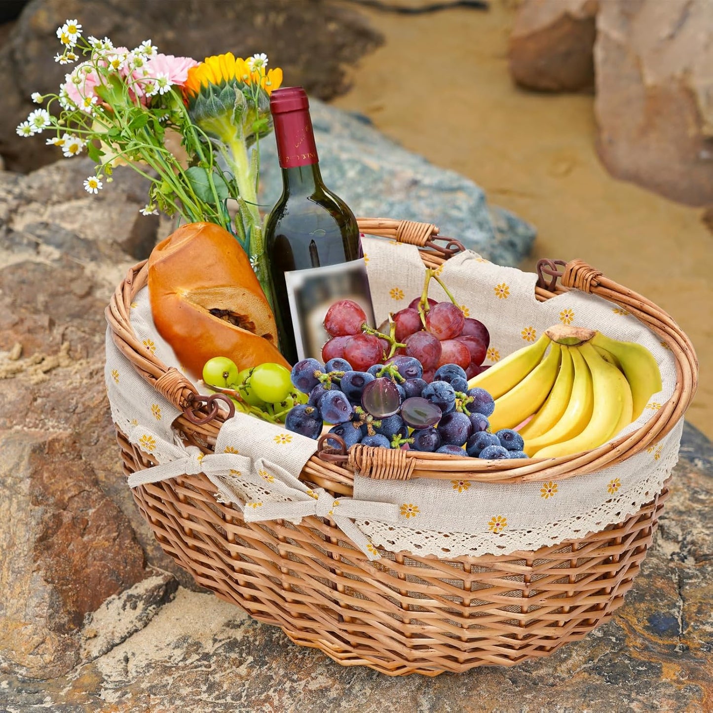 G GOOD GAIN Wicker Picnic Basket with Double Folding Handles,Willow Picnic Hamper,Natural Hand Woven Easter Basket,Easter Eggs and Candy Basket,Bath Toy and Kids Toy Storage,Gift Packing Basket.Yellow