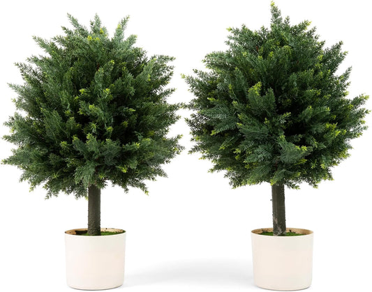 Premium 16" Diameter Artificial Cypress Topiary – Set of 2 Faux Plants in Beige Decorative Planters – UV-Resistant, Weatherproof, Realistic Outdoor & Indoor Greenery