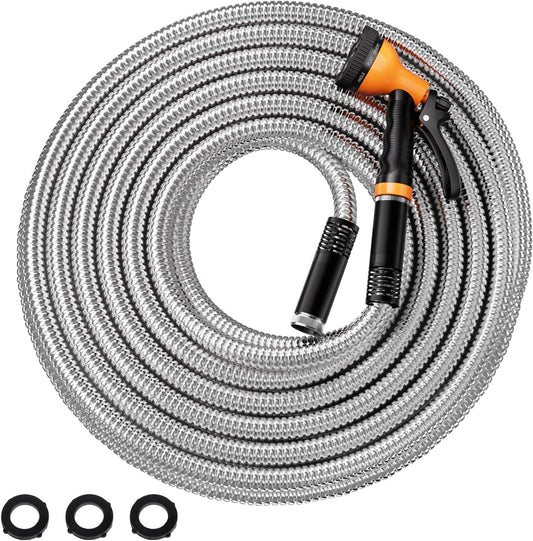 Garden Hose Metal 25 FT, Flexible Stainless Steel Water Hose with 10 Function Nozzle, Kink Free, Lightweight & Durable, Crush Resistant Fitting, Puncture Proof Hose for Yard, Rv, 600 PSI 2025 New