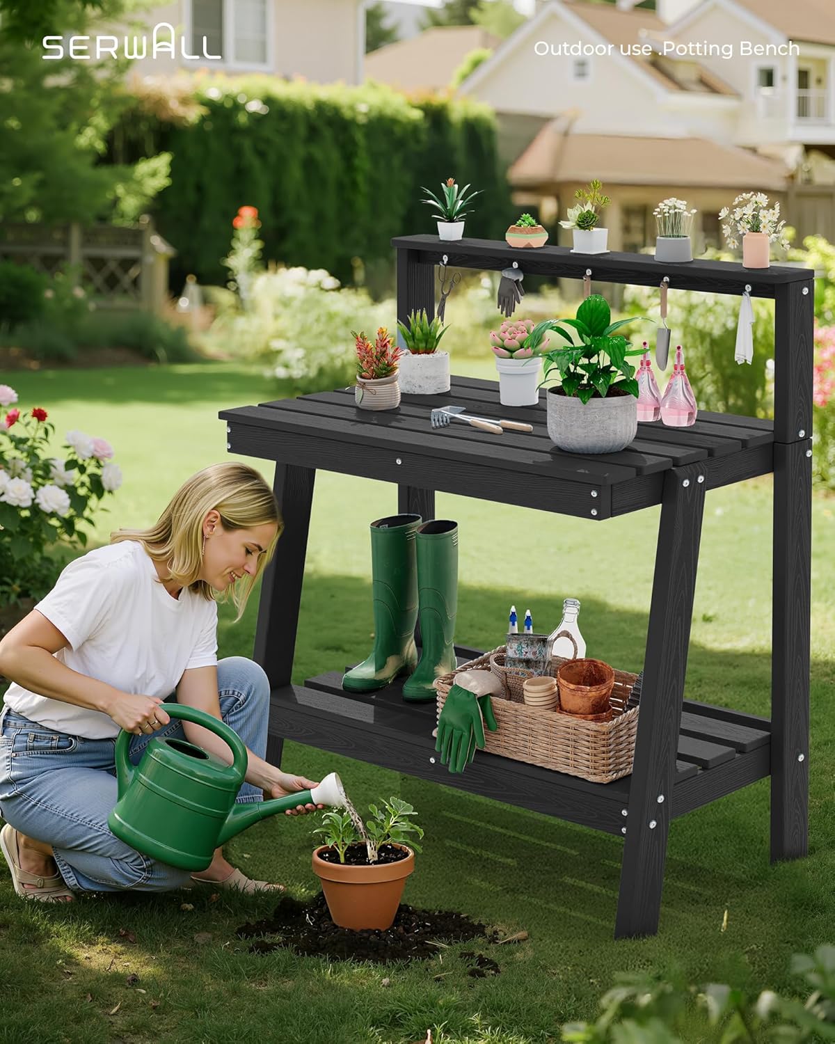 SERWALL Potting Bench Outdoor with Storage, 3-Tier HDPE Gardening Table with Angled Legs & Tool Hooks, All-Weather Heavy Duty Potting Table for Patio, Backyard, Garden, Black