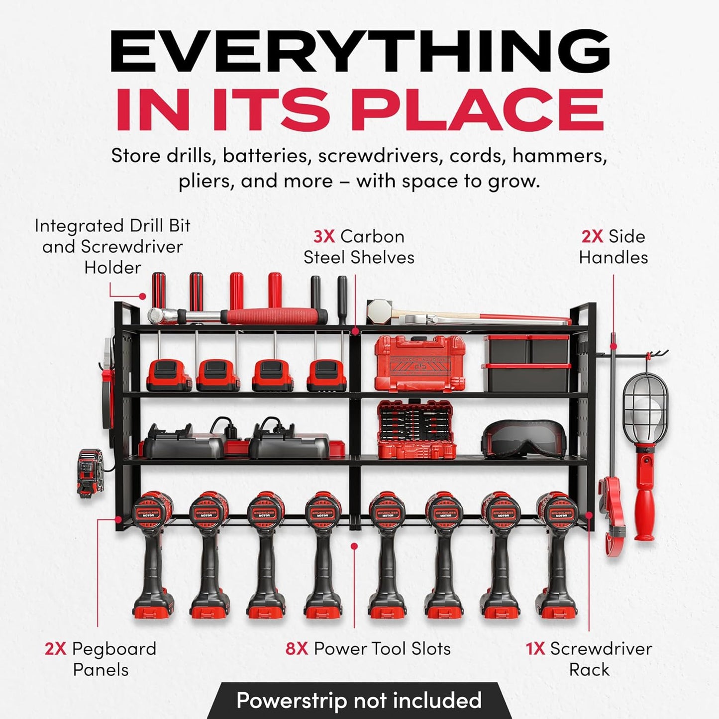 Power Tool Organizer Wall Mount - Power Tool Storage Rack with 3 Shelves, 8 Drill Holders, Bit Holder, Load 300 lbs, Pegboard Sides Storage for Tools- Garage Drill Organizer, Ultimate Workshop Station