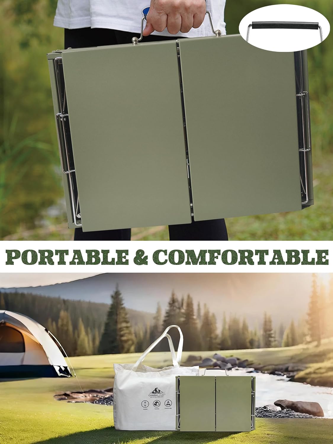 Charmline 20x14inch Big Desktop Charcoal Grill, Liftable Grilling Net, Saving Space Grill for Indoor and Outdoor, BBQ Grill for Camping, Gardens, Picnics, Beach Parties, Green, Max