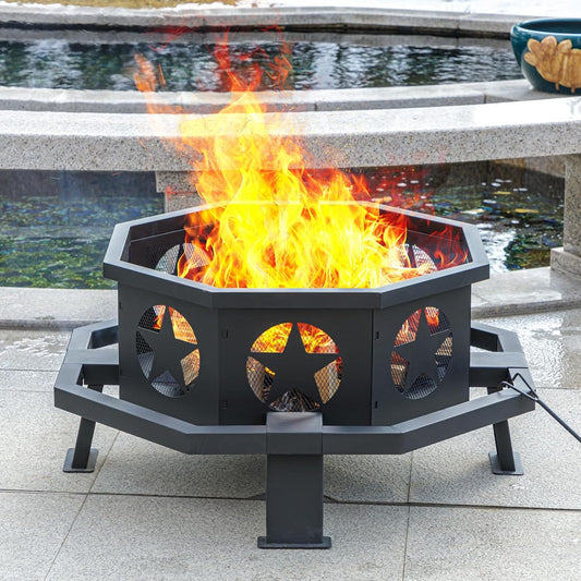 32 inch Fire Pit for Outside, Heavy Duty Wood Burning Fire Pits with Fire Poker, Outdoor Octagonal Firepit for Camping, Yard, Patio