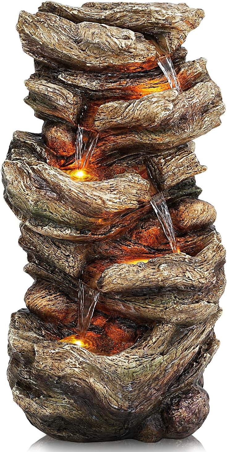 32" High Outdoor Water Fountain, 5-Tiers Cascading Rock Waterfall with LED Lights for Garden, Patio, Yard Decor, Soothing Tranquility for Any Outdoor Living Space