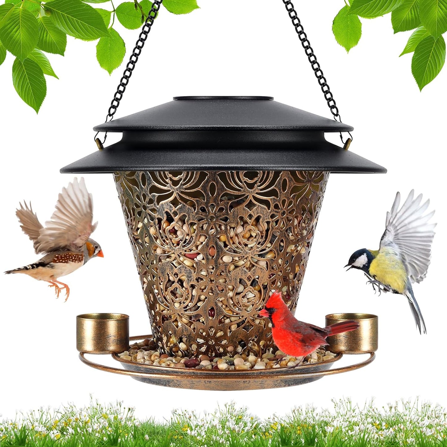 Solar Bird Feeders for Outside Hanging Metal Wild Bird Feeder Solar Lanterns Outdoor Waterproof Garden Decor for Yard Brown