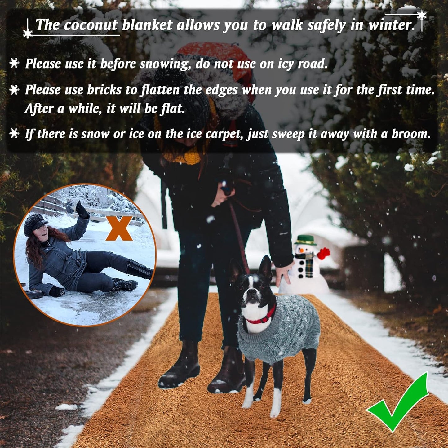 ZeeDix 2 Pack Thickened No Slip Ice and Snow Carpet-16 x 118 inch Natural Coconut Fiber Mat Walking Safety, Winter Coco Liner Roll Outdoor Carpet Runner for Front Door Hallway Stairs Garden