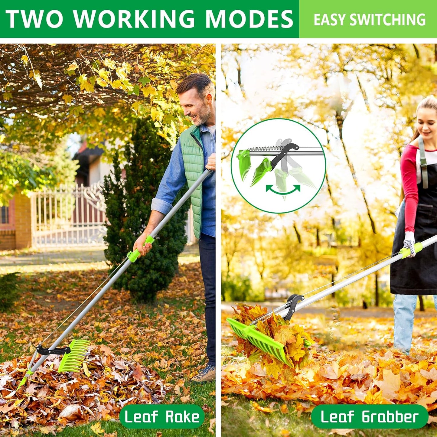 2-in-1 Leaf Grabber Rake Back Saving, Ergonomic Leaf Scoops Claws with Long Handle, Efficient Leaf Picker Upper Grabber Shovel for Yard Work Lawns Clean Up, Easy Pick Up Leaves No More Bending Over