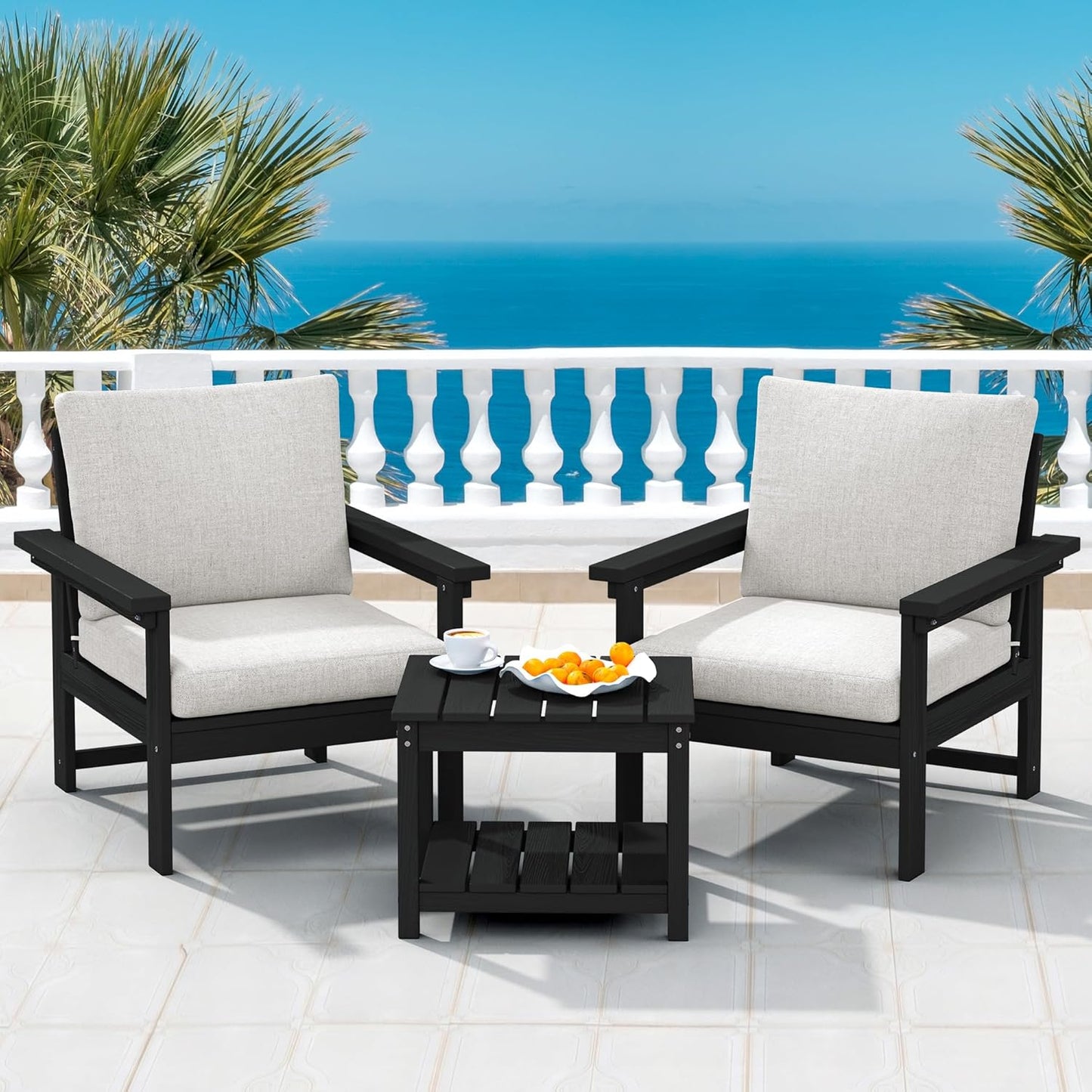 SERWALL HDPE Patio Sofa Set, 3-Piece Sectional Outdoor Furniture Set, All Weather Outdoor Couch Set Patio Furniture Set for Deck, Lawn, Black Frame with Khaki Cushion