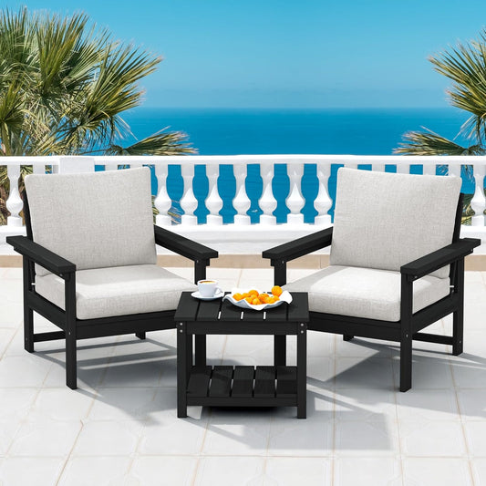 SERWALL HDPE Patio Sofa Set, 3-Piece Sectional Outdoor Furniture Set, All Weather Outdoor Couch Set Patio Furniture Set for Deck, Lawn, Black Frame with Khaki Cushion