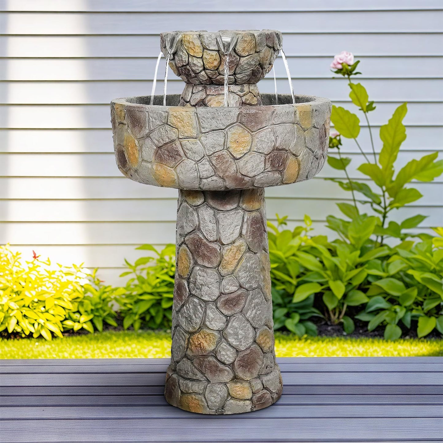 SunJet 25.7” High x 15.3” Diameter Concrete Bird Bath with Faux Stone Finish - Outdoor Water Fountain with Electric Pump - Birdbath for Garden, Patio, Yard, Lawn Décor
