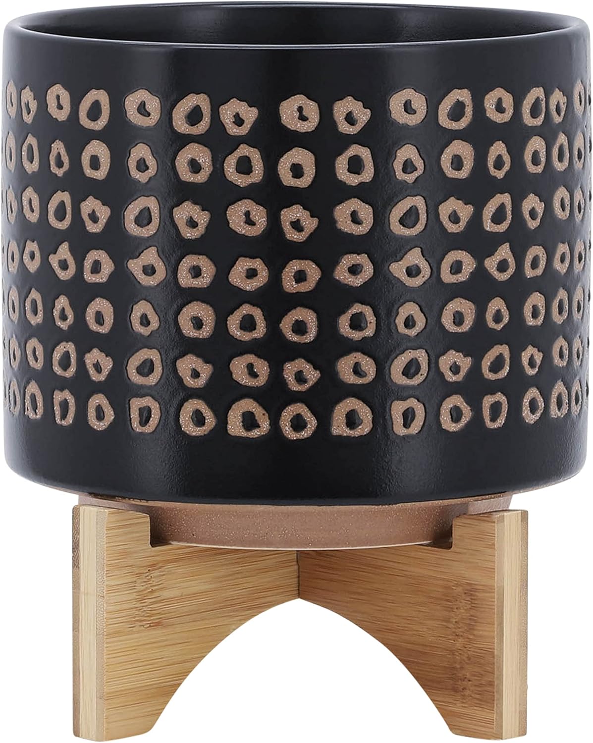 Ceramic Planter with Wooden Stand – Modern Home Decor Stoneware Plant Pot with Elevated Base – Decorative Indoor & Outdoor Planter with Legs for Living Room, Bedroom, Patio, or Garden – 9", Brown