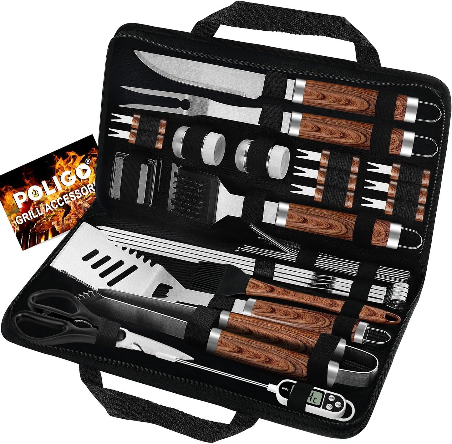POLIGO 29 PCS BBQ Grill Accessories Stainless Steel BBQ Tools Grilling Tools Set with Storage Bag for Fathers Day Dads Birthday Presents - Camping Grill Utensils Set Ideal Grilling Gifts for Men Women