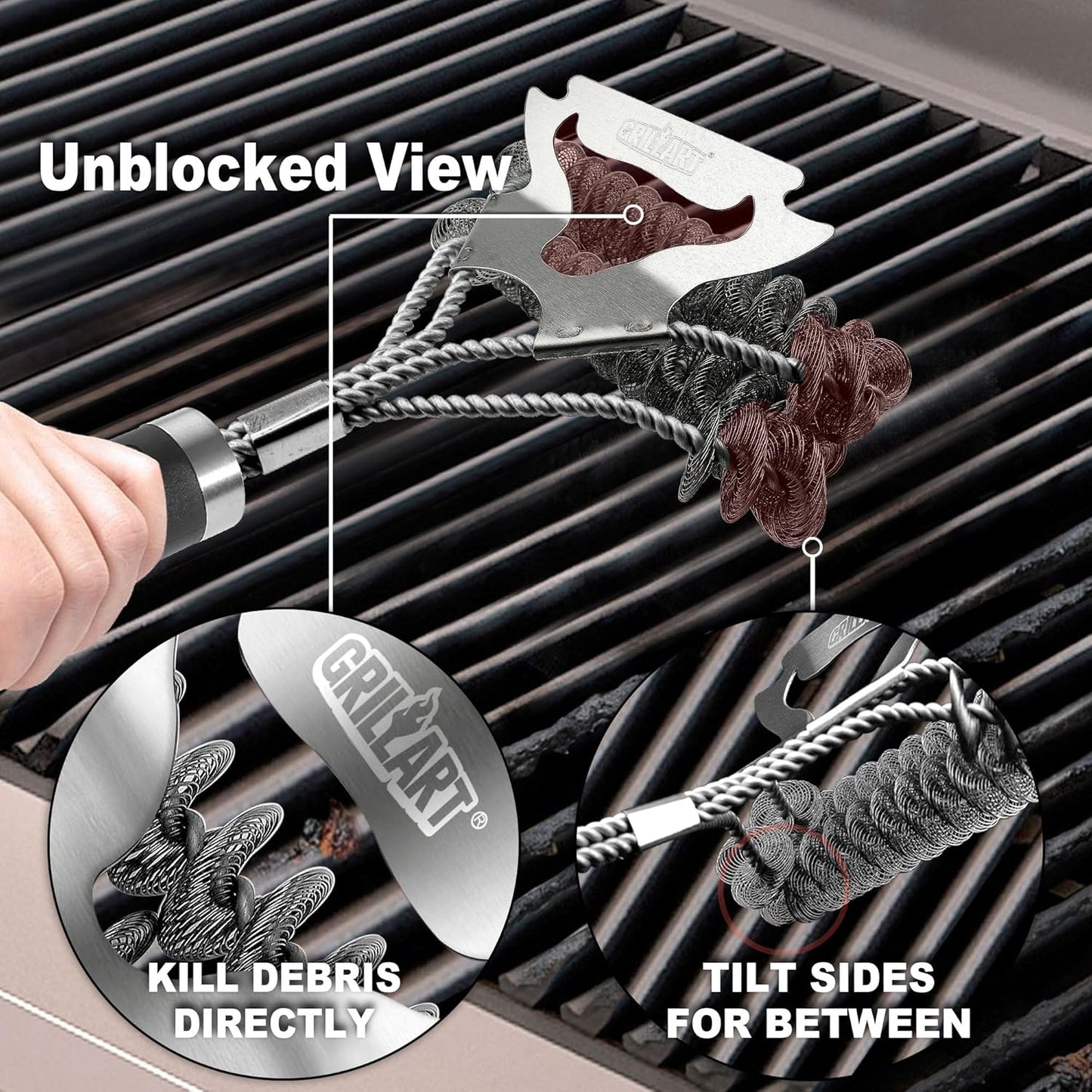 GRILLART Grill Brush for Outdoor Grill Bristle Free - Safe BBQ Grill Cleaner Brush - 18" BBQ Brush for Grill Cleaning Kit -Stainless Grill Cleaning Brush BBQ Grill Accessories Tools- Gifts for Men Dad