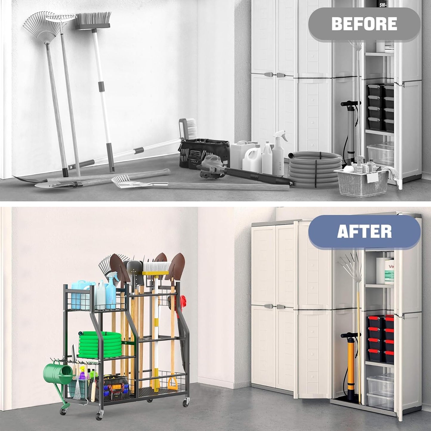 WALMANN Garden Tool Organizer with Wheels for Garage, Large Storage Capacity, Rakes/Shovels/Yard Tools Storage Stand for Shed, Garden, Indoor/Outdoor Long-Handled Tools Rolling Cart