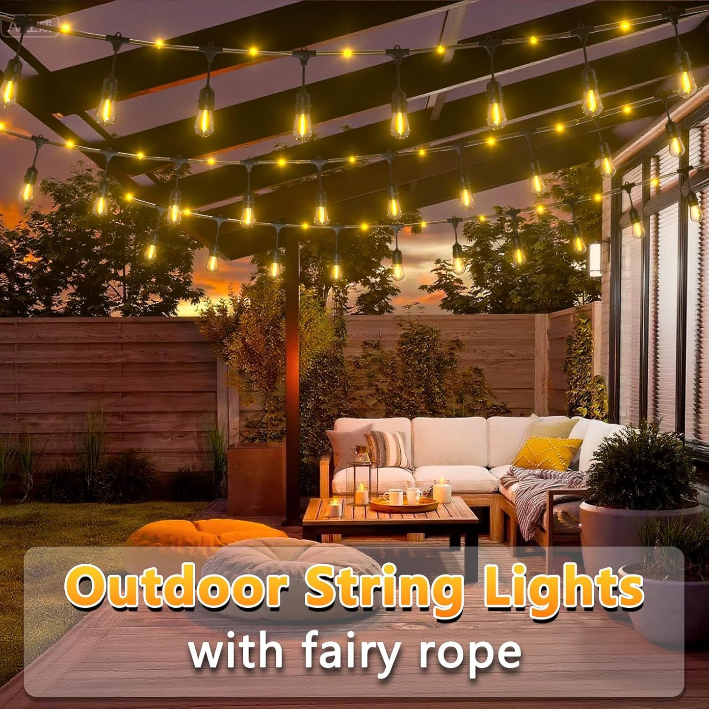 Outdoor String Fairy Lights, 48ft Dimmable Patio Lights with 15+1 S14 Retro Edison Bulbs & 144 Fairy Rope, IP65 Waterproof, LED Outside Hanging Light for Party Backyard Bistro, 7 Strands Connectable