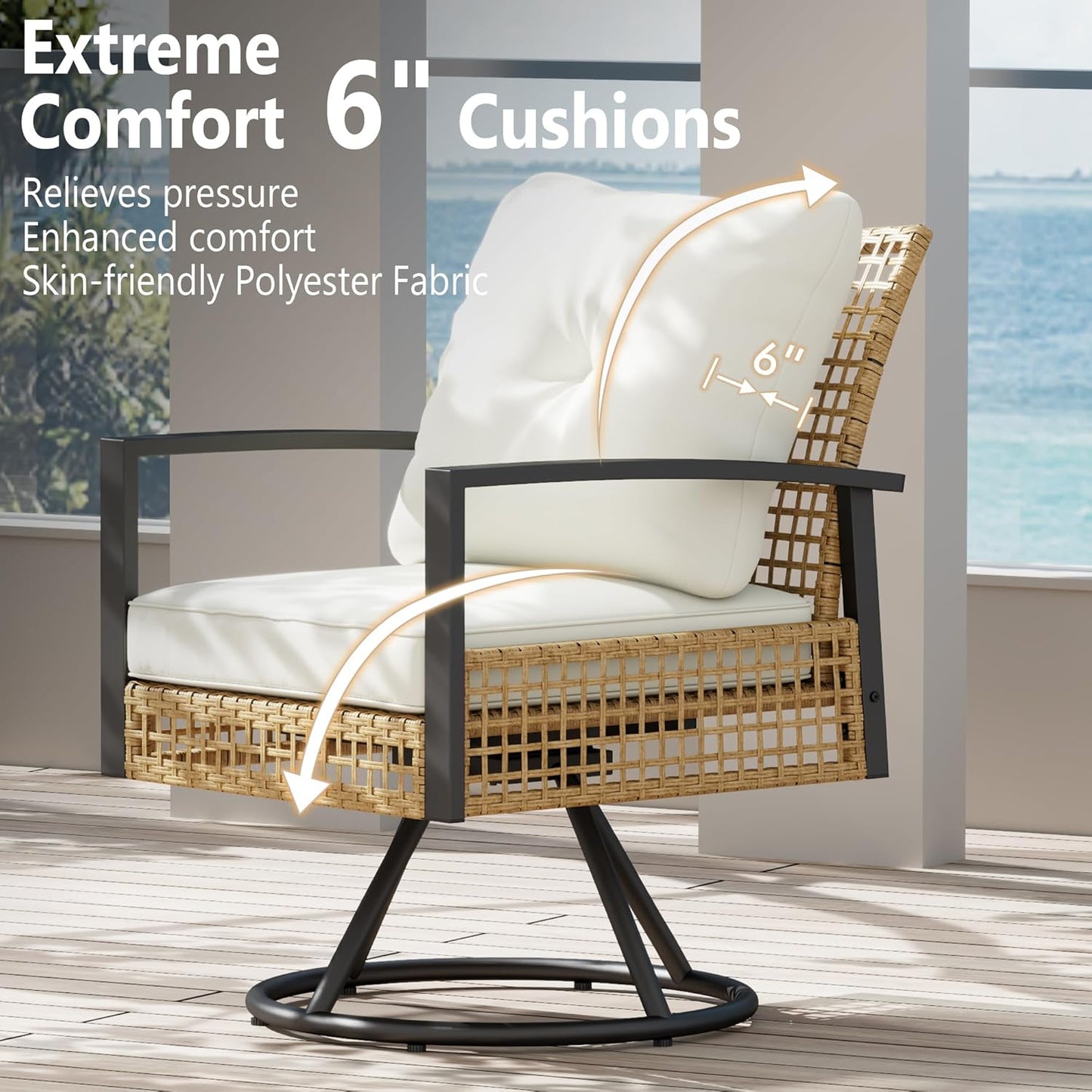 3 Piece outdoor swivel chair set of 2, outdoor swivel patio chairs with Wood-Grain Tabletop Coffee Table and 6" Thick backrest, front porch furniture for Patio, Backyard, Deck, Poolside(Beige)